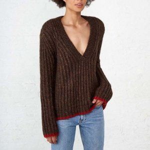 NWT La Ligne Wuzzy Oversized V-Neck Long Sleeve Sweater Brown Red Small